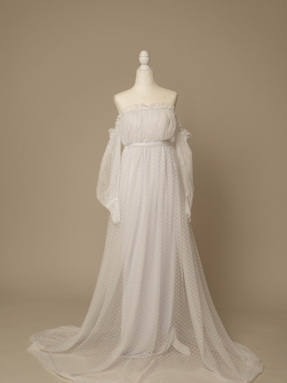 Off-Shoulder White Swiss Dot Maxi Dress